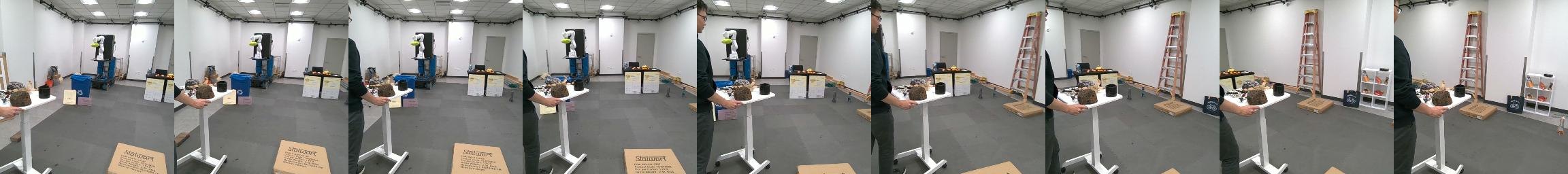 Nine input frames: a person pushes a cart that moves along with the camera