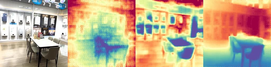 Depth from a single image repeated three times: E-RayZer, Scr4tch without and with the context-only pass
