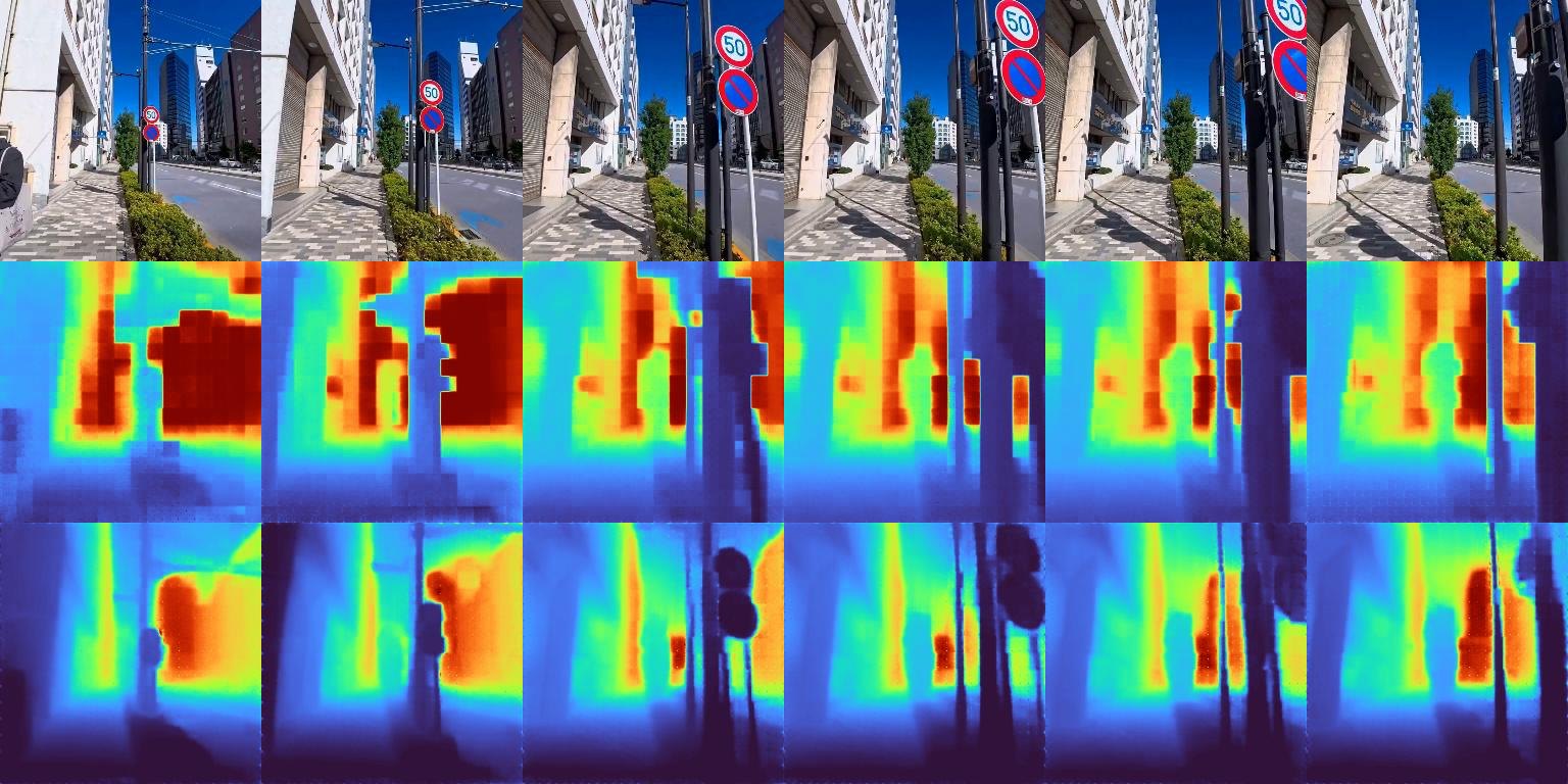 Inputs, raw depths without distillation showing a patch-grid pattern, and raw depths with distillation following scene content