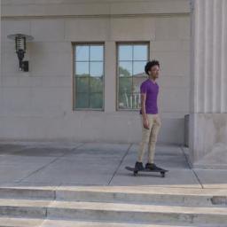 Stylized target used for bootstrapping: the skateboarder wears a purple shirt and tan trousers