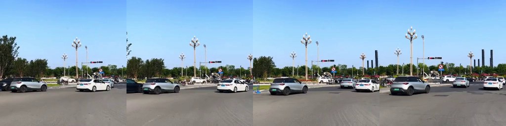Wide road on a sunny day with cars driving past, four frames