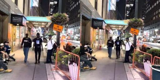 Pedestrians on a sidewalk, two frames