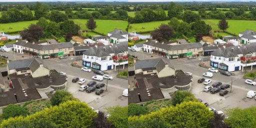 Aerial view of a village with a car driving through, two frames