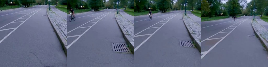 Park road at dusk with a small, distant cyclist, four frames