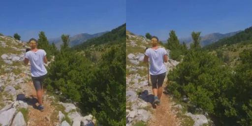 Hiker on a mountain trail, two frames