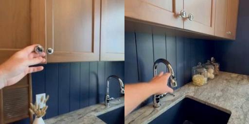 Hand reaching for a cabinet in a kitchen, two frames