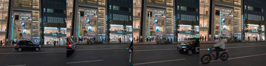 Shopping street at night with passing cars and a motorbike, four frames