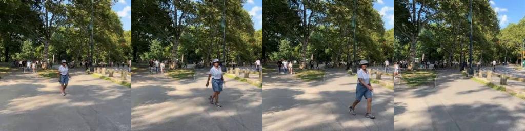 Park path with people walking, four frames