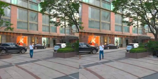 Man walking across a plaza in front of an office building, two frames