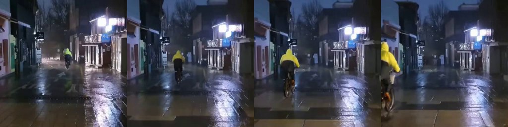 Cyclist in a yellow raincoat riding toward the camera on a wet street at night, four frames