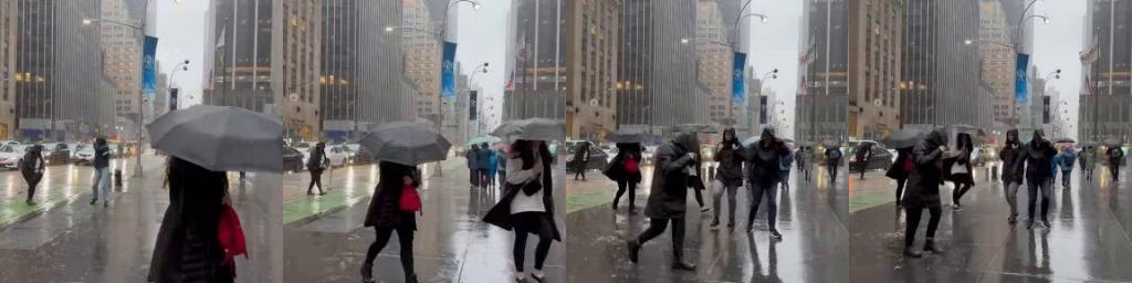 Rainy street with pedestrians holding umbrellas, four frames