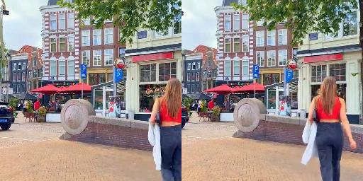 Woman walking on a city square, two frames