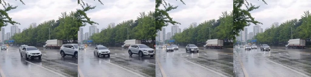 Cars driving on a wet road on a rainy day, four frames